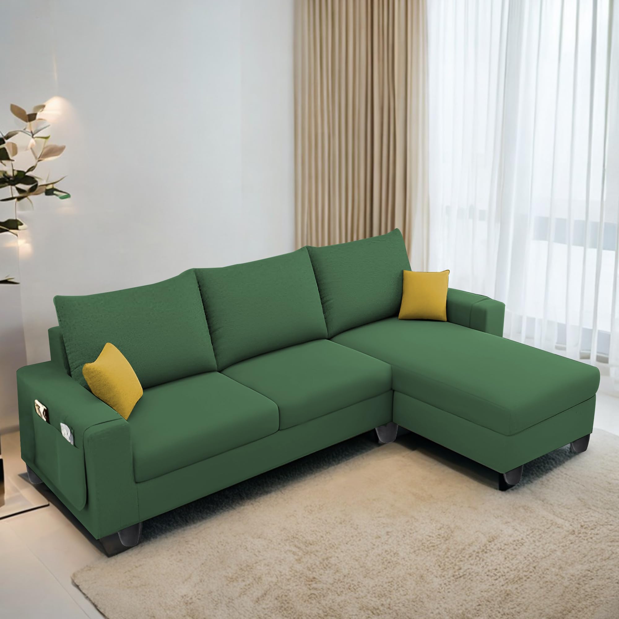 Casaliving Porto RHS 4 Seater L Shape Sofa Set for Living Room (Green Fabric) Premium Velvet Fabric