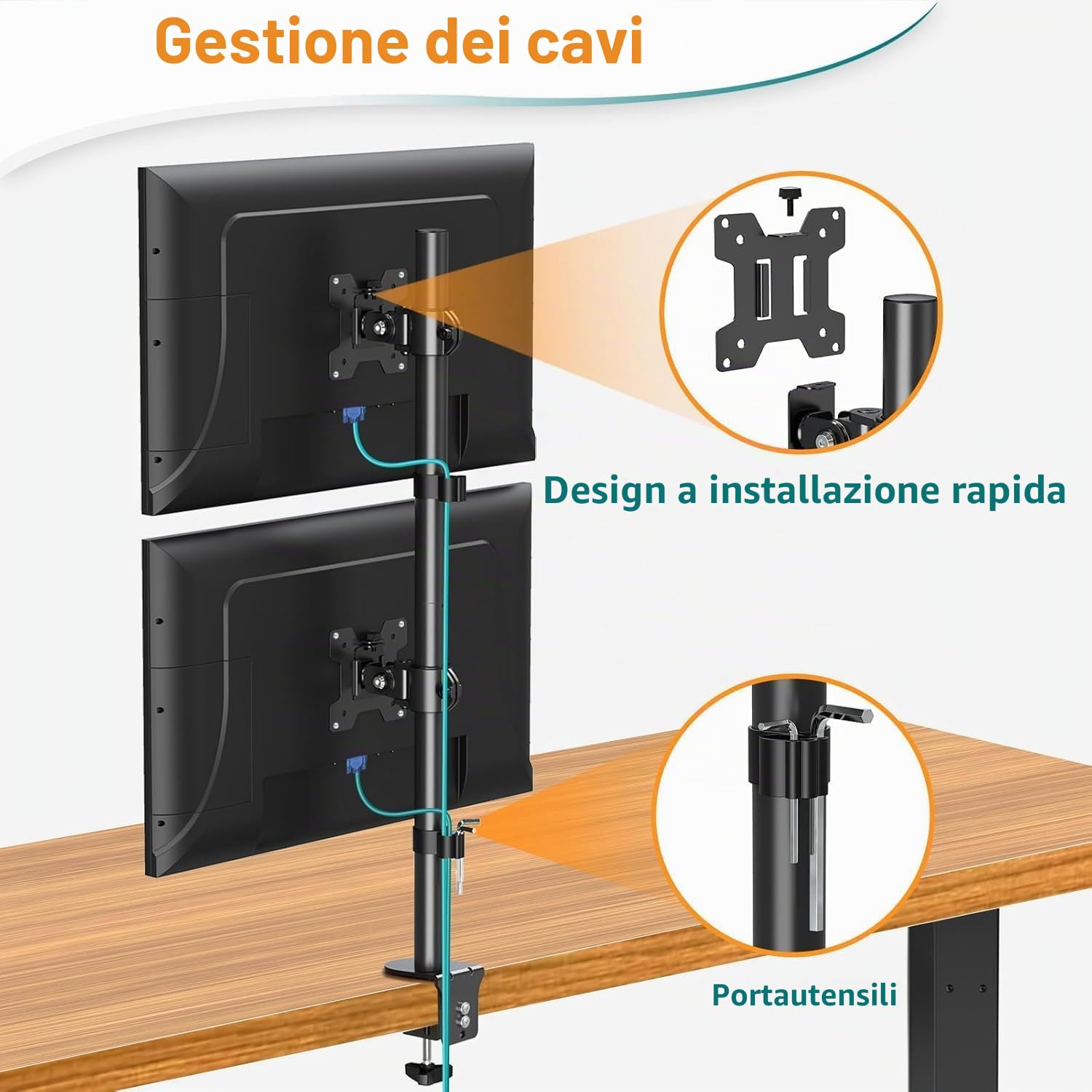 ELIVED Supporto verticale per 2 monitor, asta da 80 cm per monitor da 13-32 pollici fino a 8 kg Supporto doppio per monitor EV4012