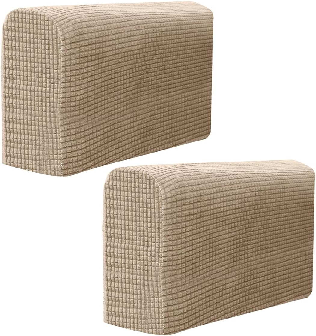 2 Pcs Couch Arm Covers Polyester Anti- Slip Armchair Cover Armrest Cover for Chairs Sofa Stretch Armrest Covers Furniture Protector Washable Armchair Slipcovers (Light Brown)