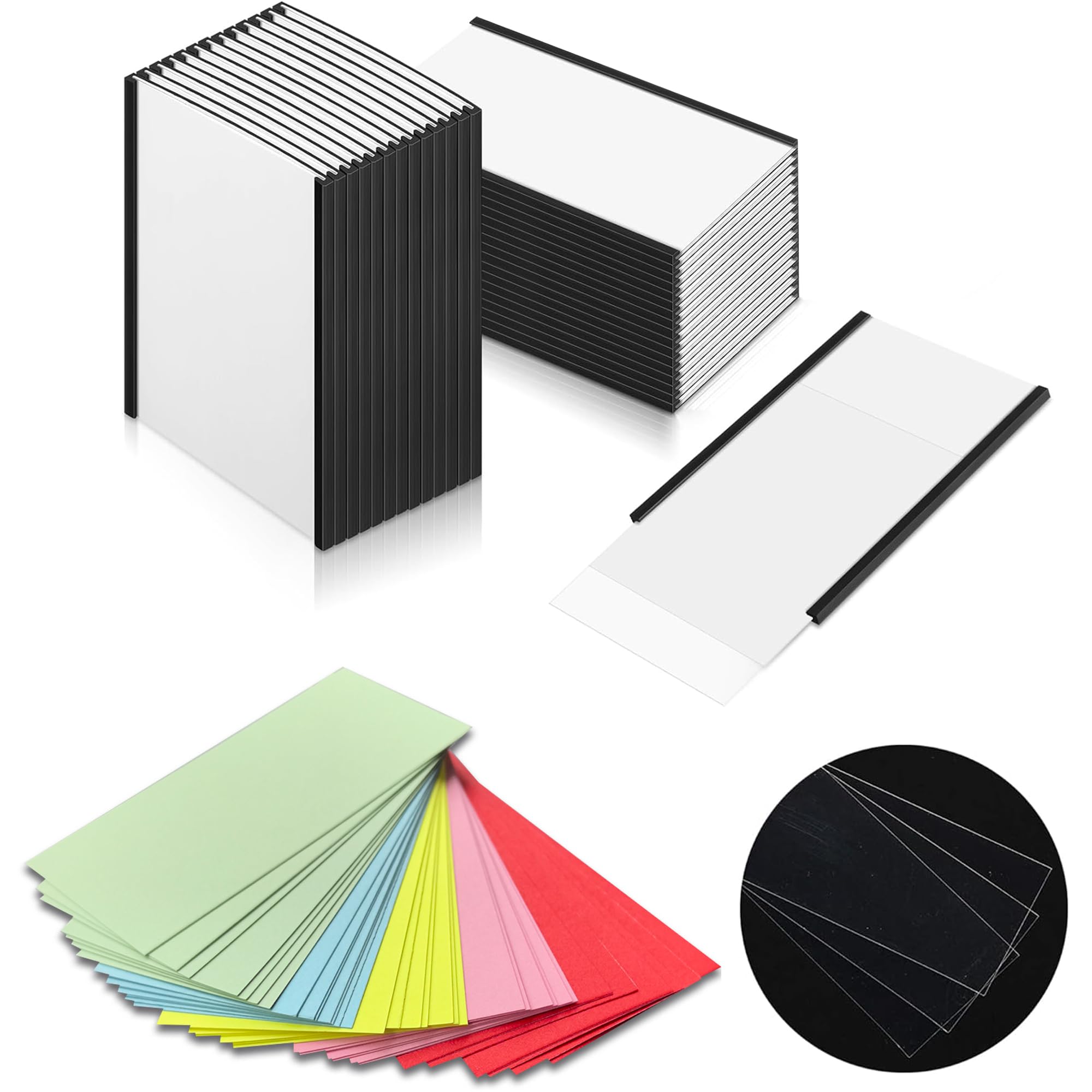Pack of 34 Magnetic Label Holders 50 mm x 100 mm, Writeable Magnetic Labels for School Office Whiteboards Magnetic Boards with 34 Protective Films, 35 White Replacement Strips and 35 Colourful