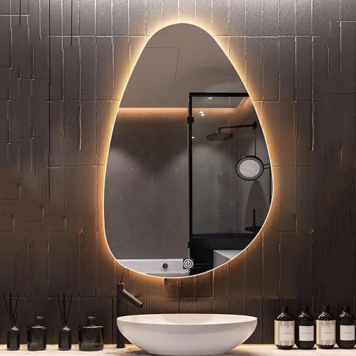 Espejo de pared irregular sin marco con luz LED, espejo de baño retroiluminado con LED regulable tricolor, espejo de maquillaje asimétrico con gotas