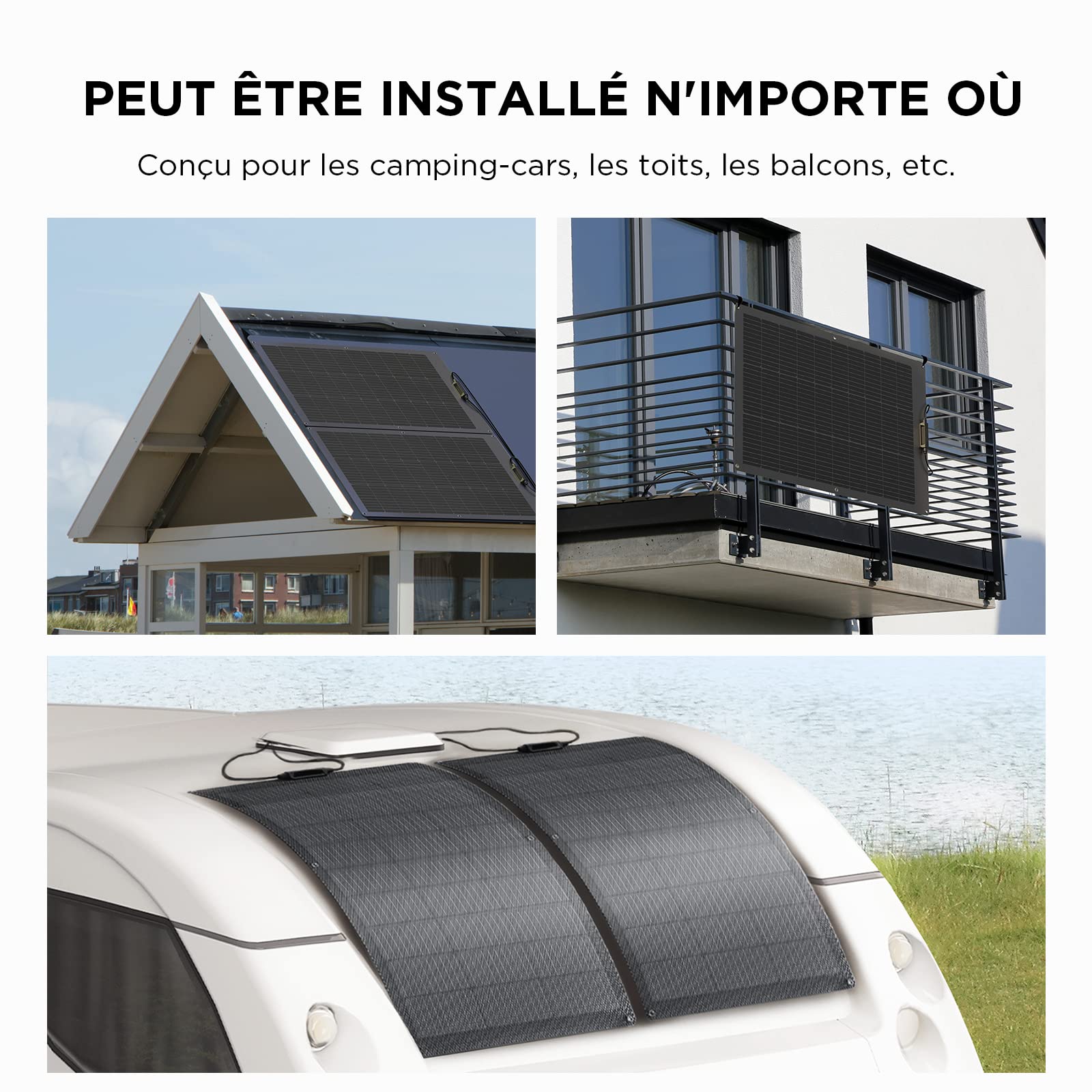 Panneau solaire flexible EcoFlow 100 W avec modules solaires haute efficacité et de niveau d'étanchéité IP68, prévu pour les toits, les camping-cars, balcons,etc