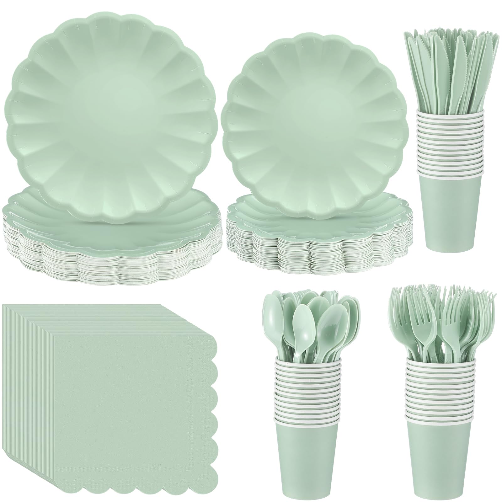 Newtay 350 Pcs Light Green Scalloped Paper Plates Shell Edge Disposable Tableware Cocktail Napkins Cups Plastic Spoons Forks Knives for Wedding Baby