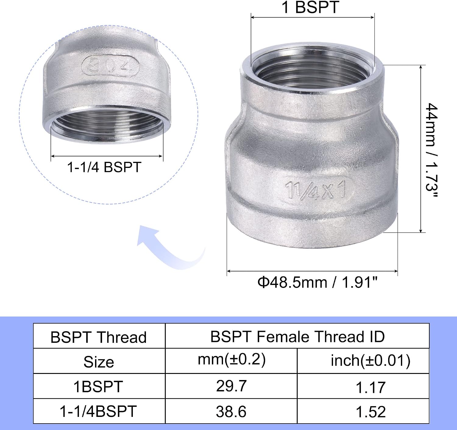 MECCANIXITY 304 Stainless Steel Reducer Pipe Fitting 1-1/4BSPT x 1BSPT Female Thread Coupling Connector Adapter
