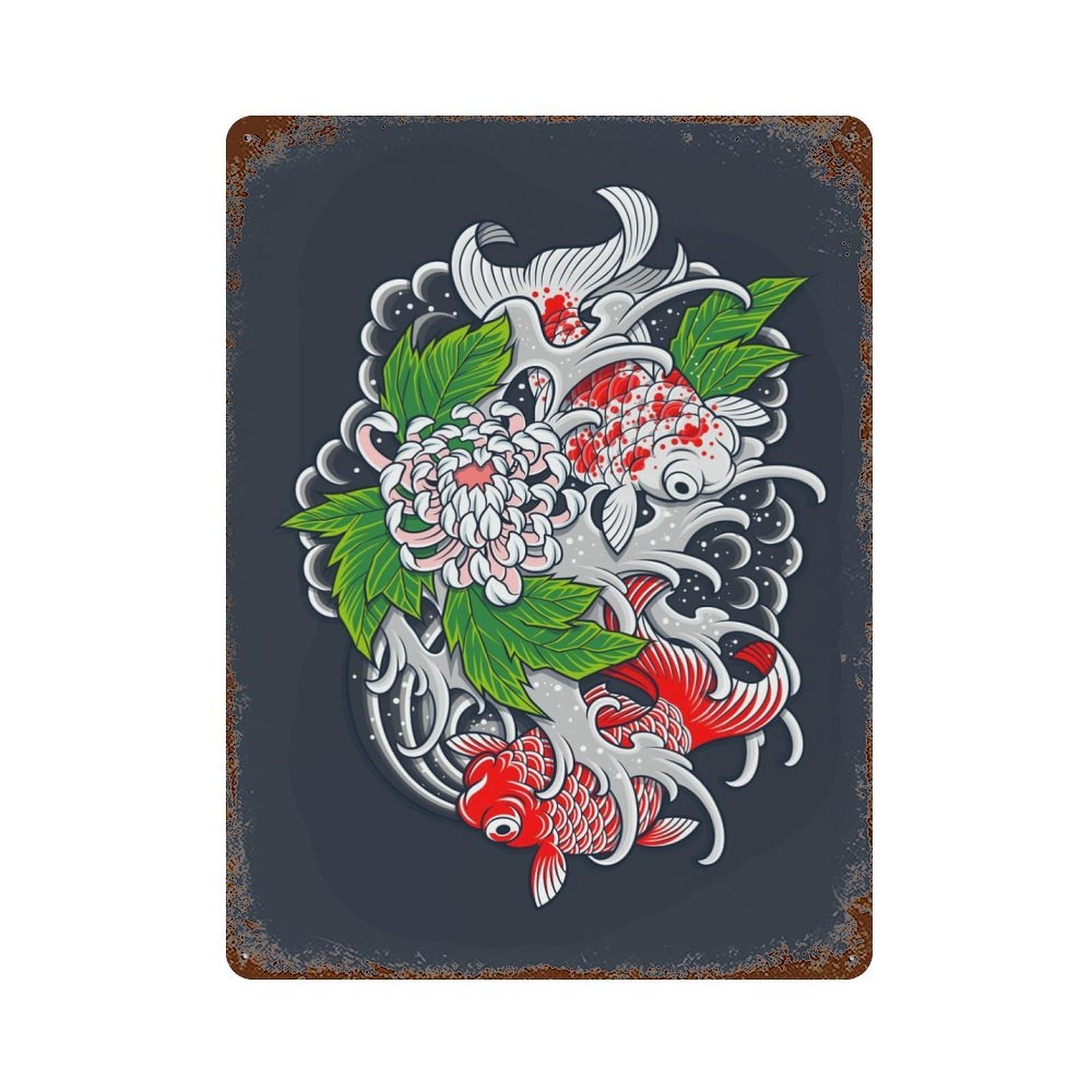 Garage Style Japanese Koi Fish Rust Effect Tin Sign 15.7"x11.8", Classic Wall Plaque for Bar And Workshop