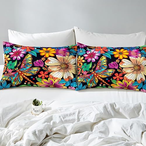 Miniatura 10 de Erosebridal Juego de sábanas de libélula tamaño individual, juego de ropa de cama de libélulas pastel de acuarela verde con hojas botánicas verdes,