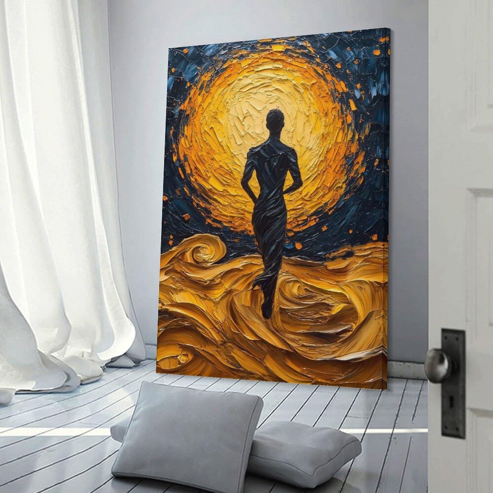 Junmoney Frame-Style-21 Decorative Wall Artwork Silhouette In Impasto Landscape, 20X30inch(50X75cm), For Lounge, Bedroom Or Personal Spaces, Thoughtful Wall Decor For Art Lovers