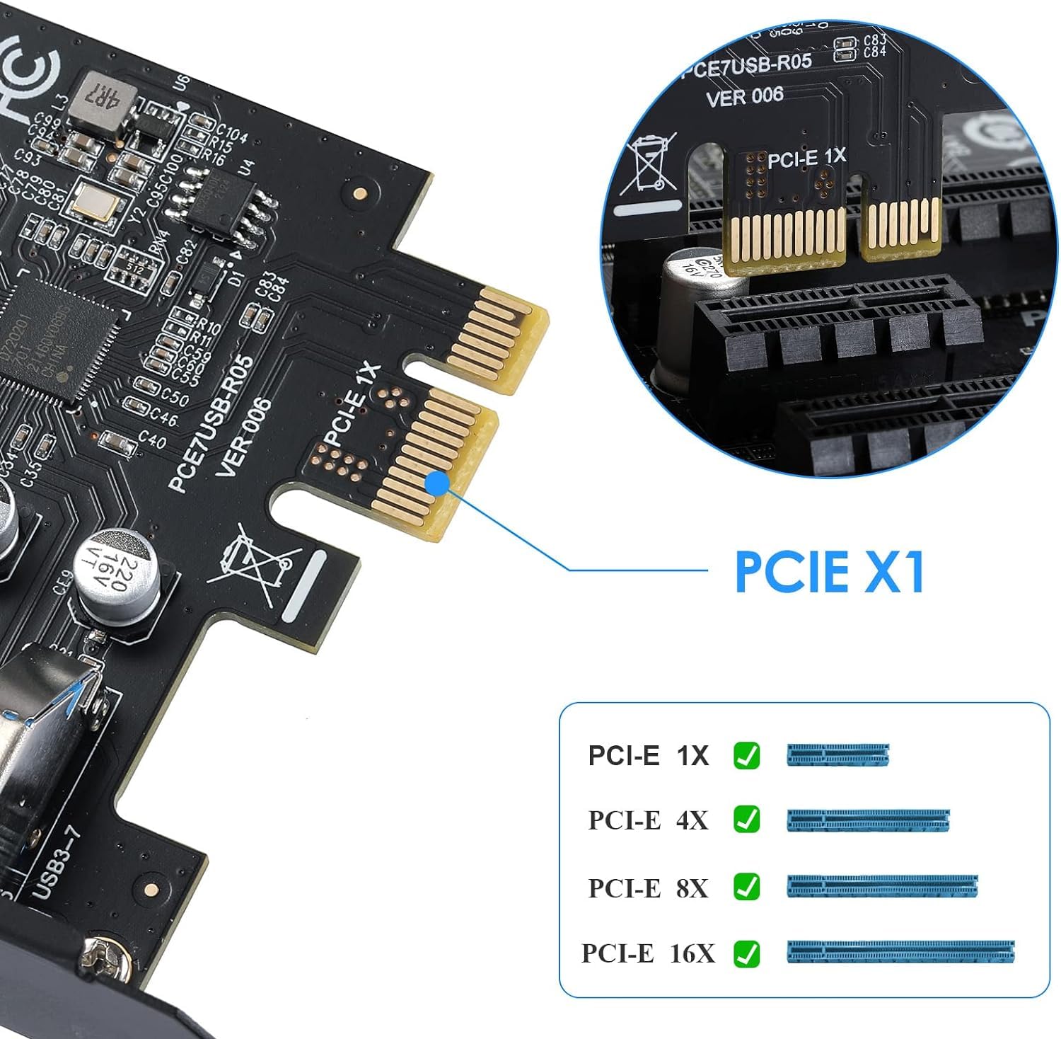 Tarjeta de Expansión de 7 Puertos USB 3.0 PCI Express, Conector de Tarjeta PCIe USB 3.2 (USB 3.1) Gen1 Card Hub Interno Conecta 7 Dispositivos para Windows 11/10/8/7/Vista/XP | Windows 11/10/8/7/Vista/XP
