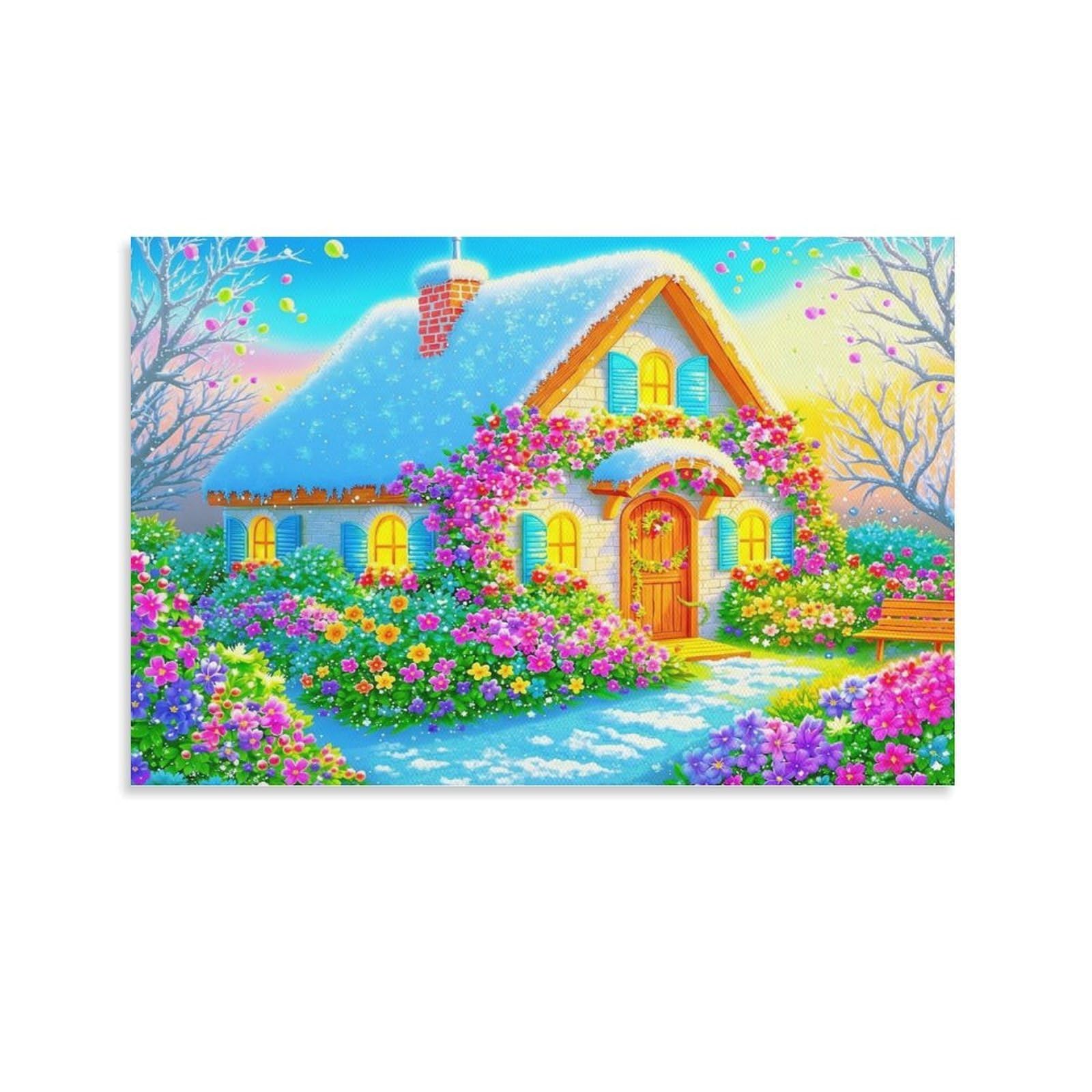CPLVKWRQJ Cozy Snowy Cottage Single Snowy Cottage Blooming Flower Garden Framed Canvas Wall Art - Living Room Gallery Wall Statement Piece Fade Resistant Decor 24x36inch(60x90cm)