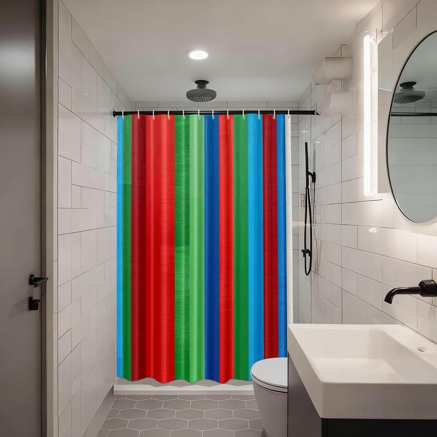 Shrahala Red Retro Striped Decorative Shower Curtain, Blue Aztec Rainbow Bathroom Décor Polyester Fiber Waterproof with Plastic Rings for Shower Stall Bathtubs 72 x 72 in