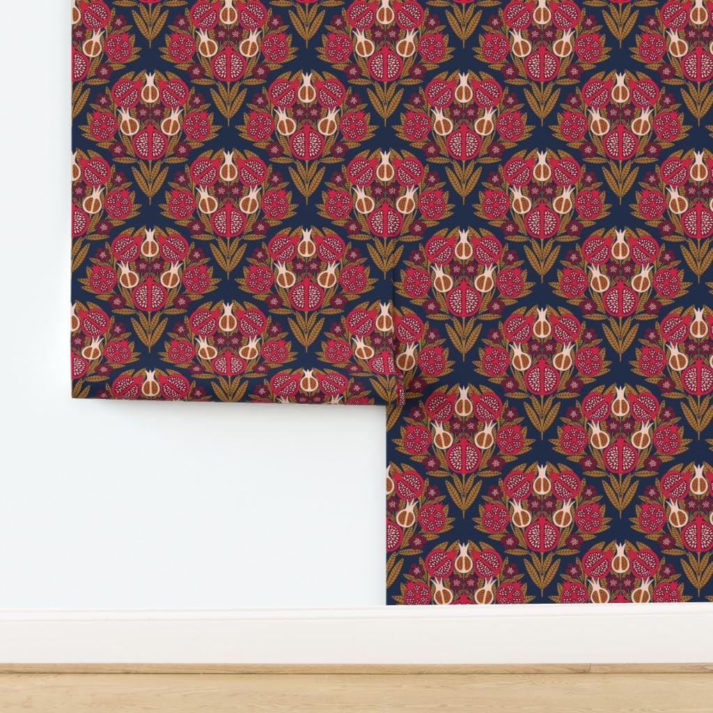 Spoonflower Removable Wallpaper 6ft x 2ft - Damask Blue Gold Rose Maroon Custom Pre-Pasted Wallpaper