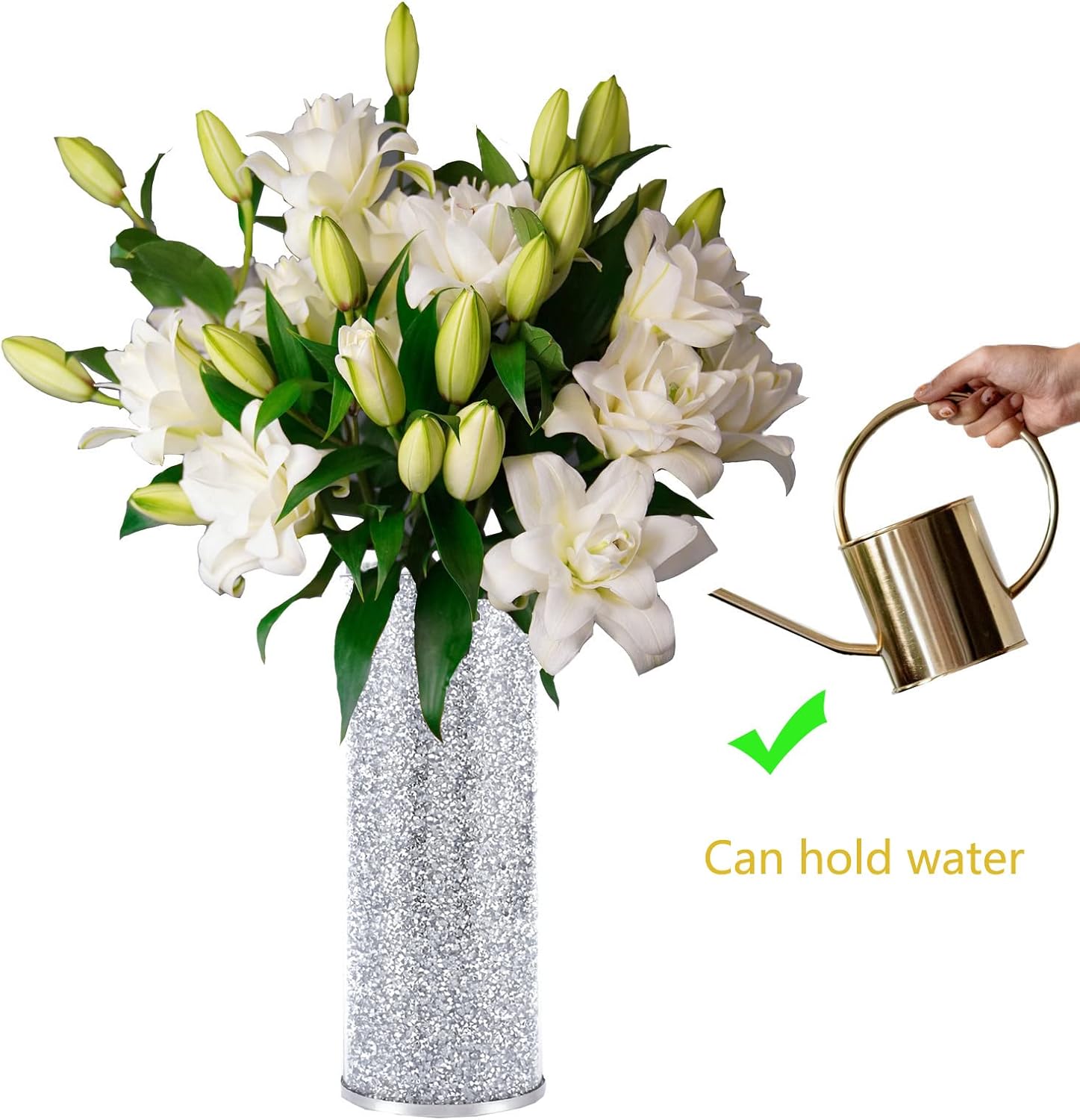 Crystal Glass Vase, 10" H Luxurious Silver Crushed Diamond Large Flowers Vase, for Home Decor, Living Room, Office, Bathroom, Dresser Table, Dining Room, Wedding, Birthday, Festival Greetings - Image 5