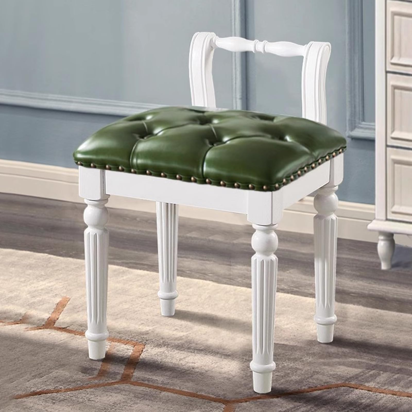 Taburete de tocador acolchado con patas de madera maciza de diseño elegante