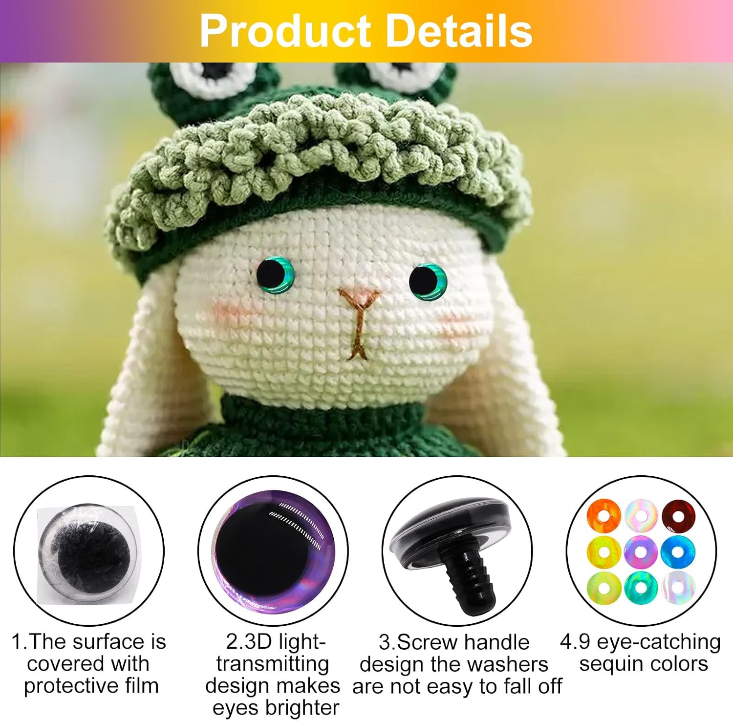 SWZHAI 18Pcs 3D Glitter Safety Eyes for Crocheting, 35mm Safety Eyes with Bowl Washers, Tie Dye Laser Crochet Large Saftey Eye for Crochet Animals Doll Eye Crafts Gift for Crochet Lovers (9 Colors)