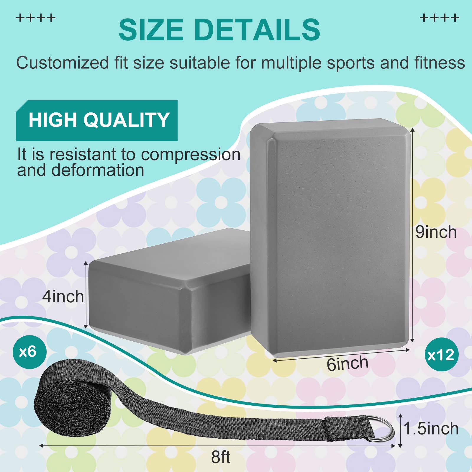 Yoga-Block und Yoga-Gurt-Set, EVA-Schaumstoff, 22,9 x 15,2 x 7,6 cm, rutschfester Yoga-Block, 2,4 m, Yoga-Gurte zum Dehnen, D-Ring-Gurt für Yoga, Pilates, Fitness, Workout, Übung