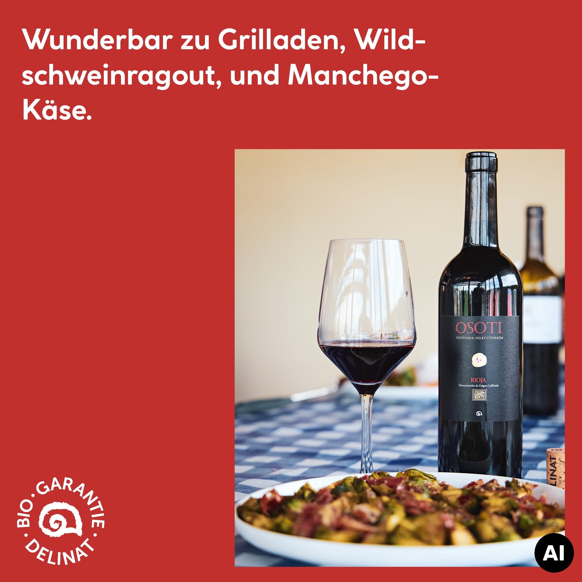 DELINAT Osoti Vendimia Seleccionada 2023 – Spanischer Bio-Rotwein trocken | Vegane Cuvée aus Tempranillo und Garnacha, in Barrique ausgebaut und säurearm aus Rioja 6 x 0,75l