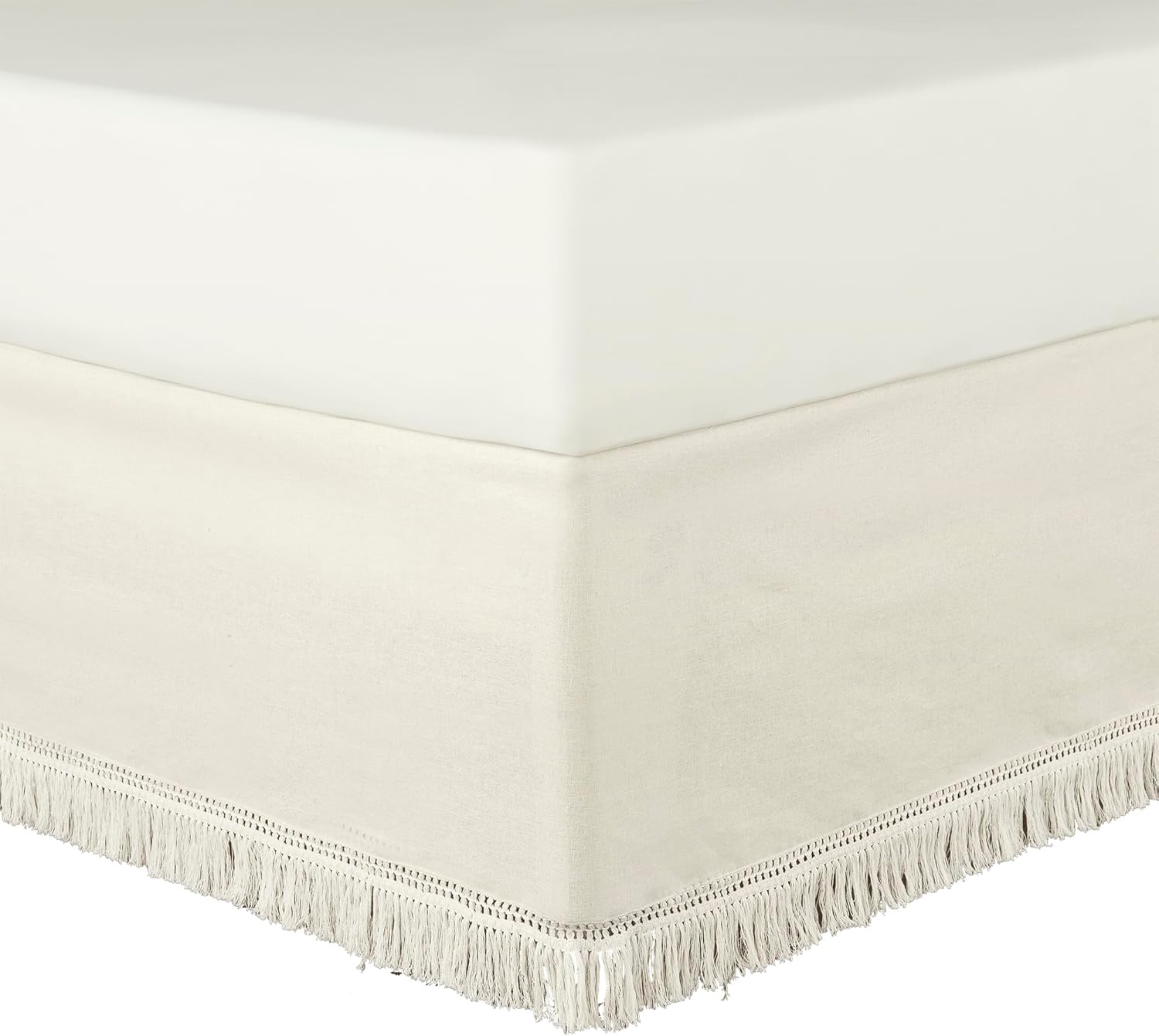 Lush Decor Boho Fringe 15-Inch Tailored Drop Easy Fit Bed Skirt Queen Size Single 60" W x 80" L +15" White - Queen Bed Skirt - Wrap Around Bed Skirt
