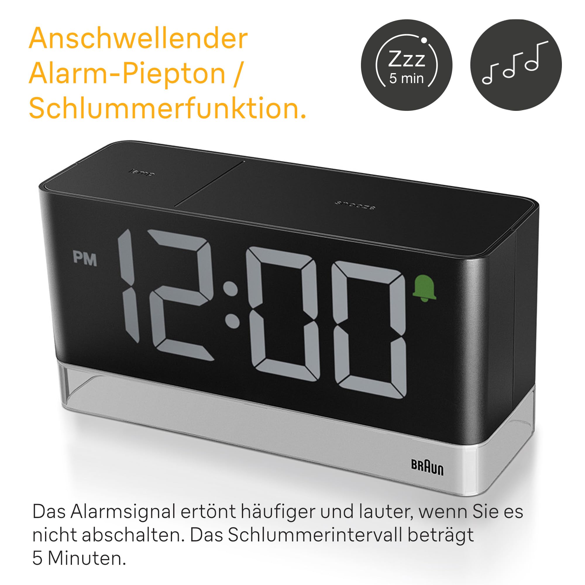 Braun Budzik cyfrowy z dużym wyświetlaczem LED, obszar dotykowy do drzemki, szybkie ustawienie, regulowana nocna lampka, alarm dźwiękowy, kolor czarny, model BC27B