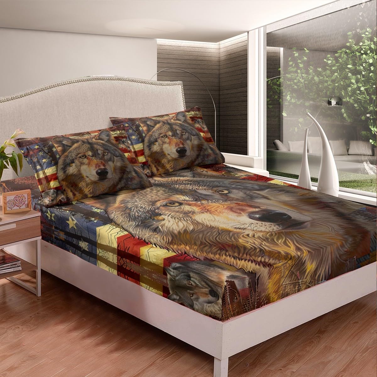 jejeloiu American Flag Bed Sheets Set Cute Wolf Sheet Set for Kids Boys Children Animal Wolves Sheets with Deep Pocket Fitted Sheet Ultra Soft Decor