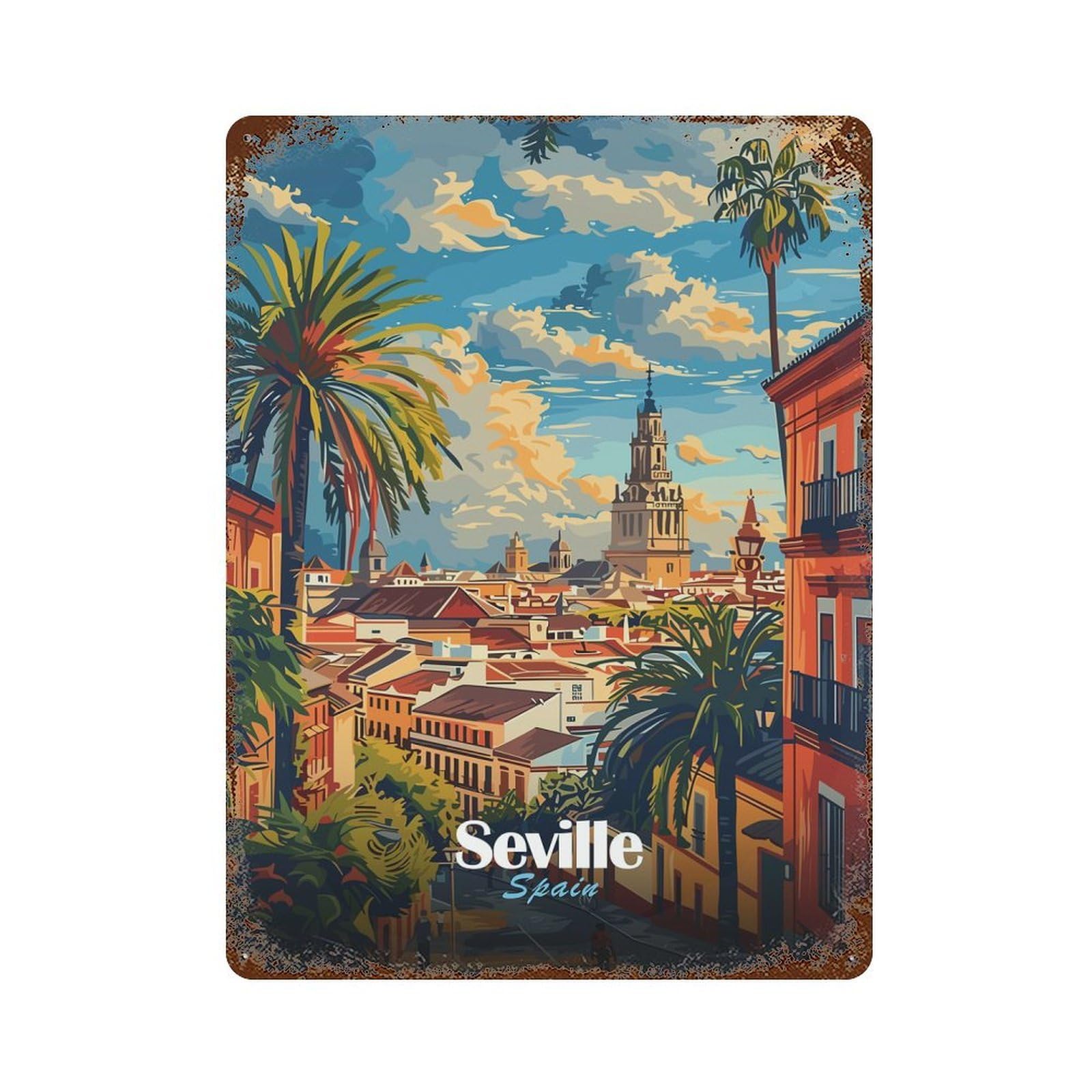 Garage Style Seville Cityscape Decorative Tin Sign 15.7"x11.8", Farmhouse Wall Decor for Bar And Workshop