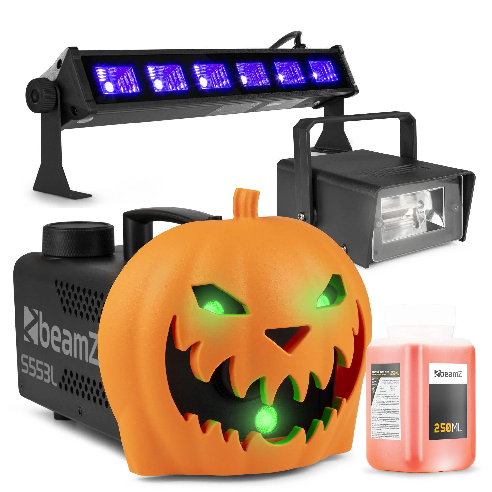 BeamZ S553L Nebelmaschine Halloween Deko mit LED Kürbis Kopf, 550 Watt Rauchmaschine, Stroboskop Blitzer und UV Lampe, 2-in-1 mit Halloween Kürbis Deko, 16 Farben Lichteffekt, Grusel-Soundeffekt