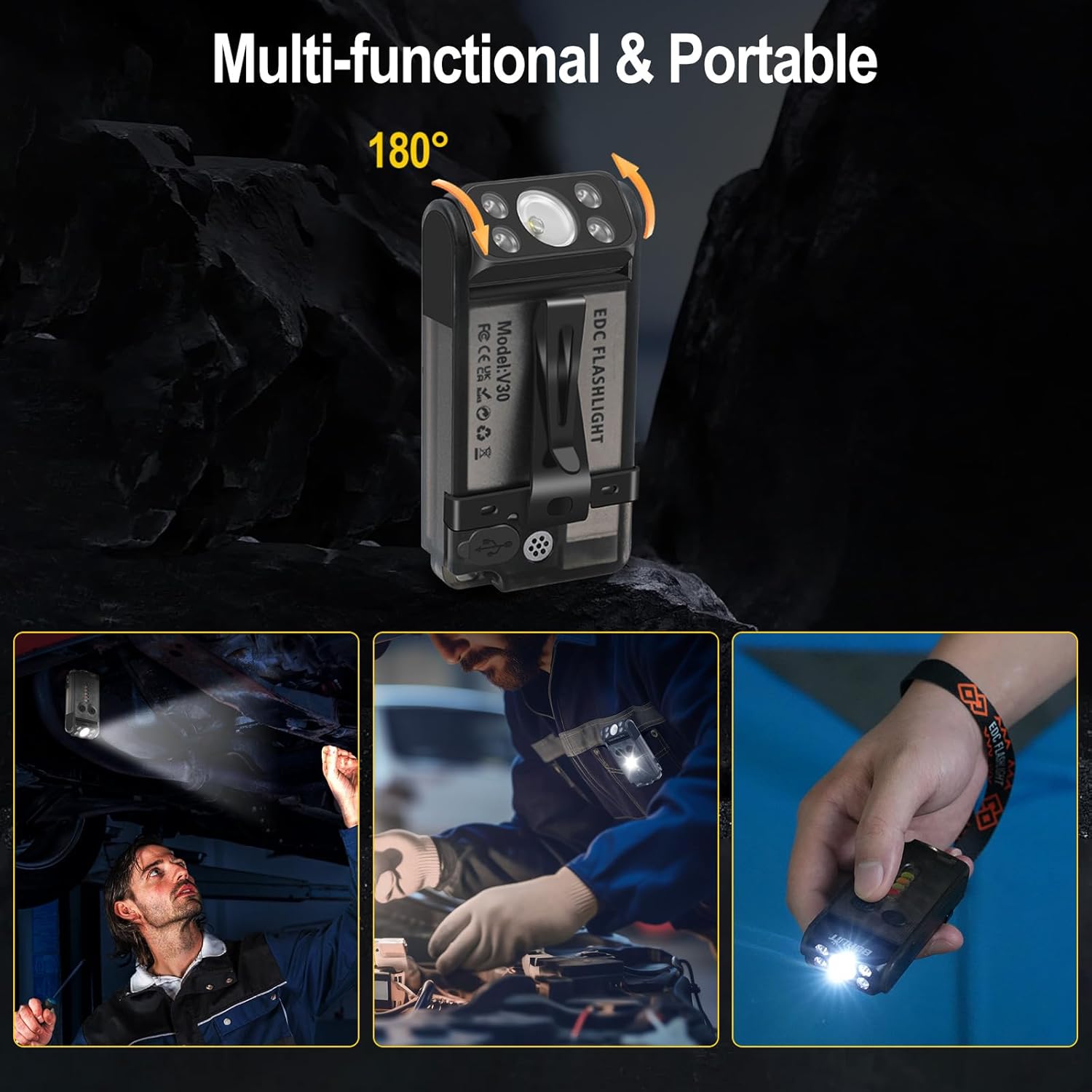 A person using the BORUIT flashlight with its magnetic base attached to a car's underside, another person using the clip light for intricate work, and a person wearing the flashlight with a lanyard.