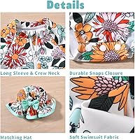 Vista 53 de Aalizzwell Traje de baño de una pieza de manga larga con sombrero para bebé niña Sirena cian