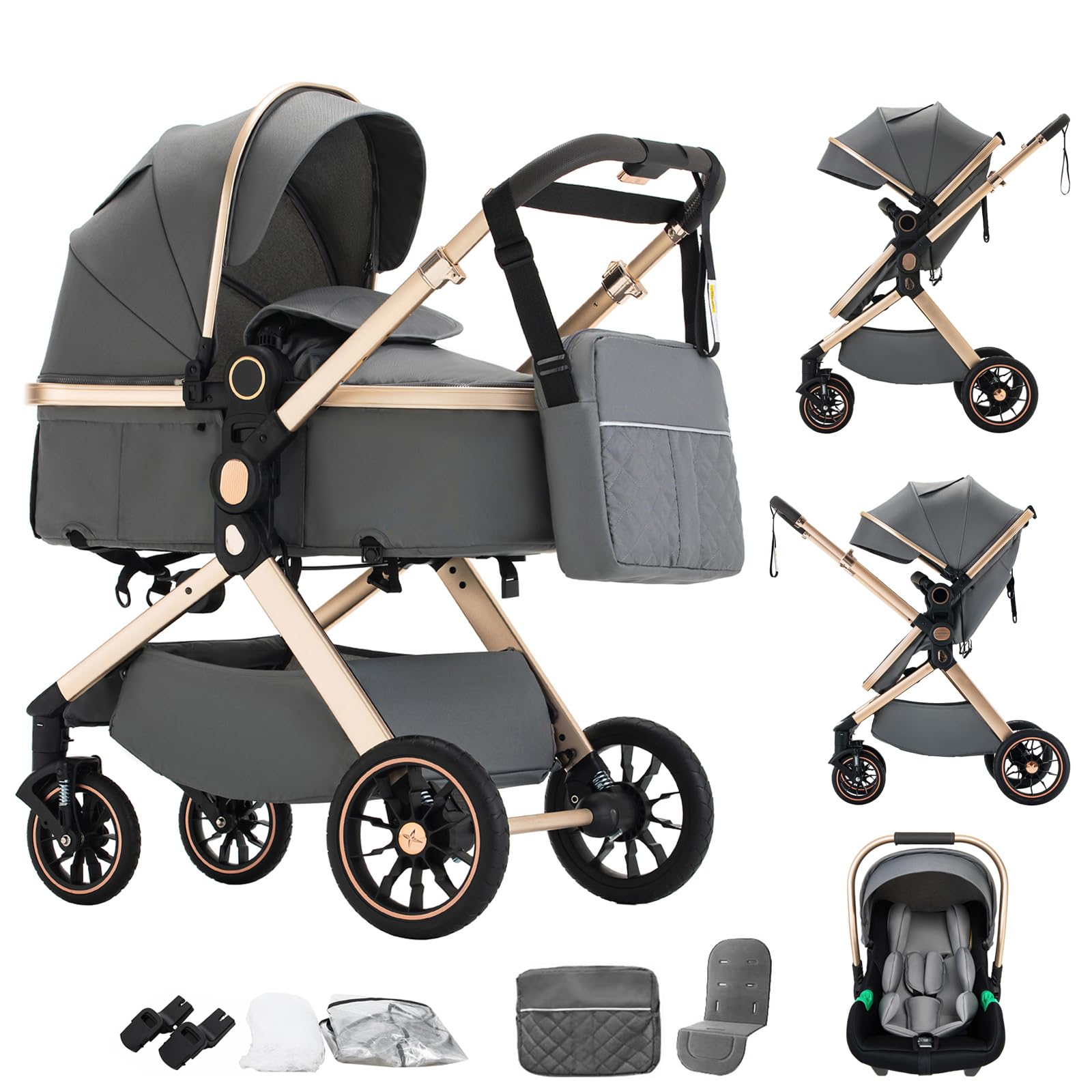 3 in 1 Baby Stroller with Height Adjustable Handle,3 in 1 Prams Travel System, Lightweight Foldable Pushchair, Prams with Aluminum Frame for Portable Baby Carriage (D2 Pink, H2-D) — view 17