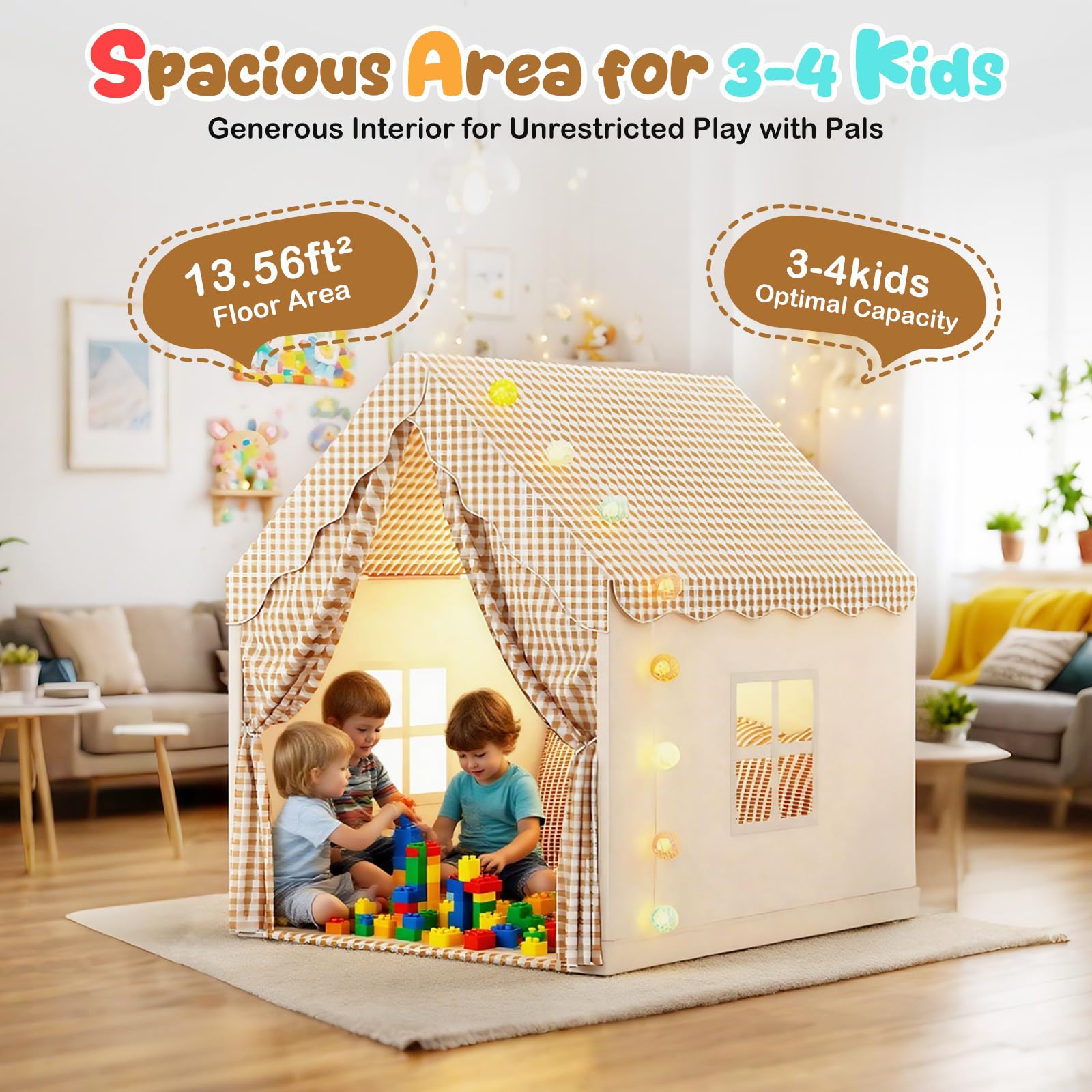 Play Tent with Lights, play tent House for Toddler Neutral Color Play Room Furniture - Image 3