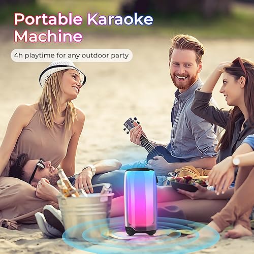 Miniatura 6 de Máquina de karaoke portátil para adultos y niños con 2 micrófonos, ajuste de gravesagudos, TWS, luces LED, compatible con BT, tarjeta TF, altavoz