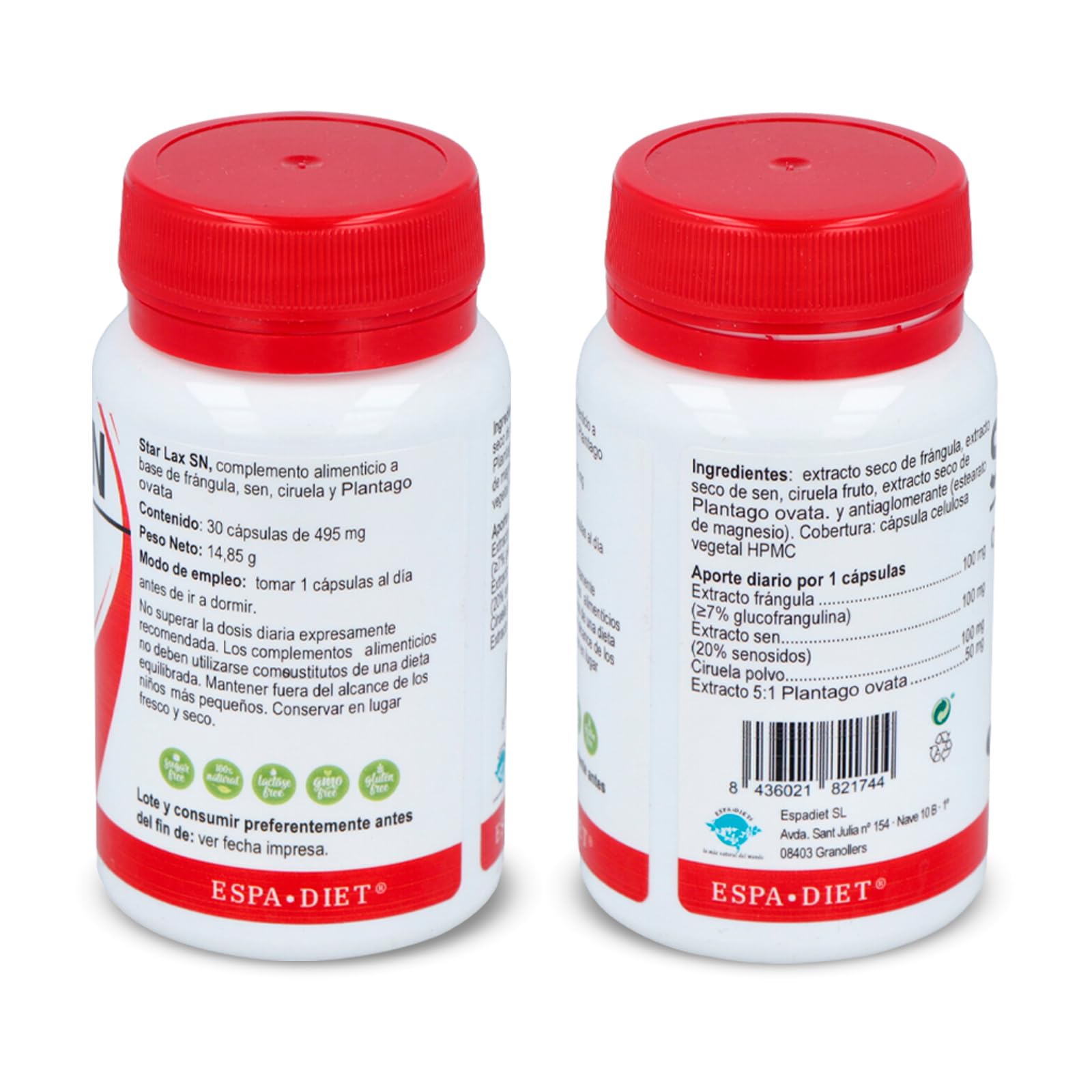 Espadiet Star Lax SN – Apoya el Mantenimiento del Sistema Digestivo - Laxante Natural – Favorece la Digestión – Con Con Extracto de Frángula, Sen, Ciruela y Plantago Ovata – 30 Cápsulas de 495mg