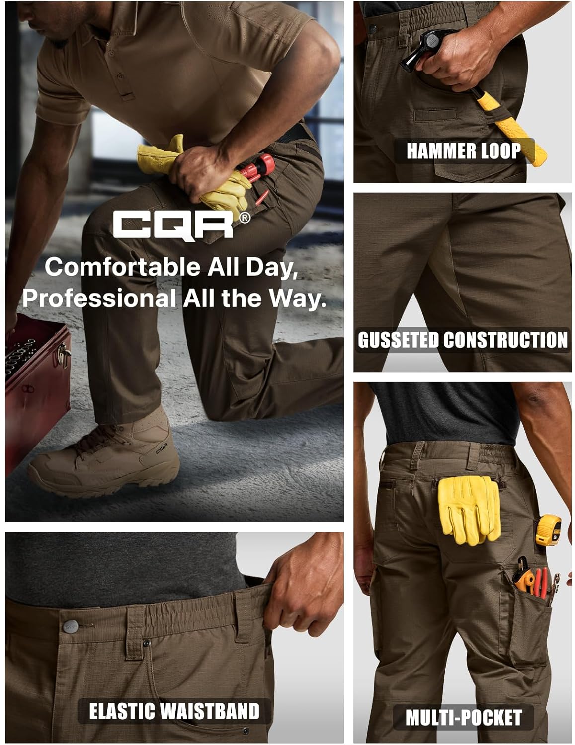 CQR Men's Quick Dry Work Pants, Water Resistant Outdoor Tactical Pants, Lightweight Stretch Cargo Hiking Pants - Image 8