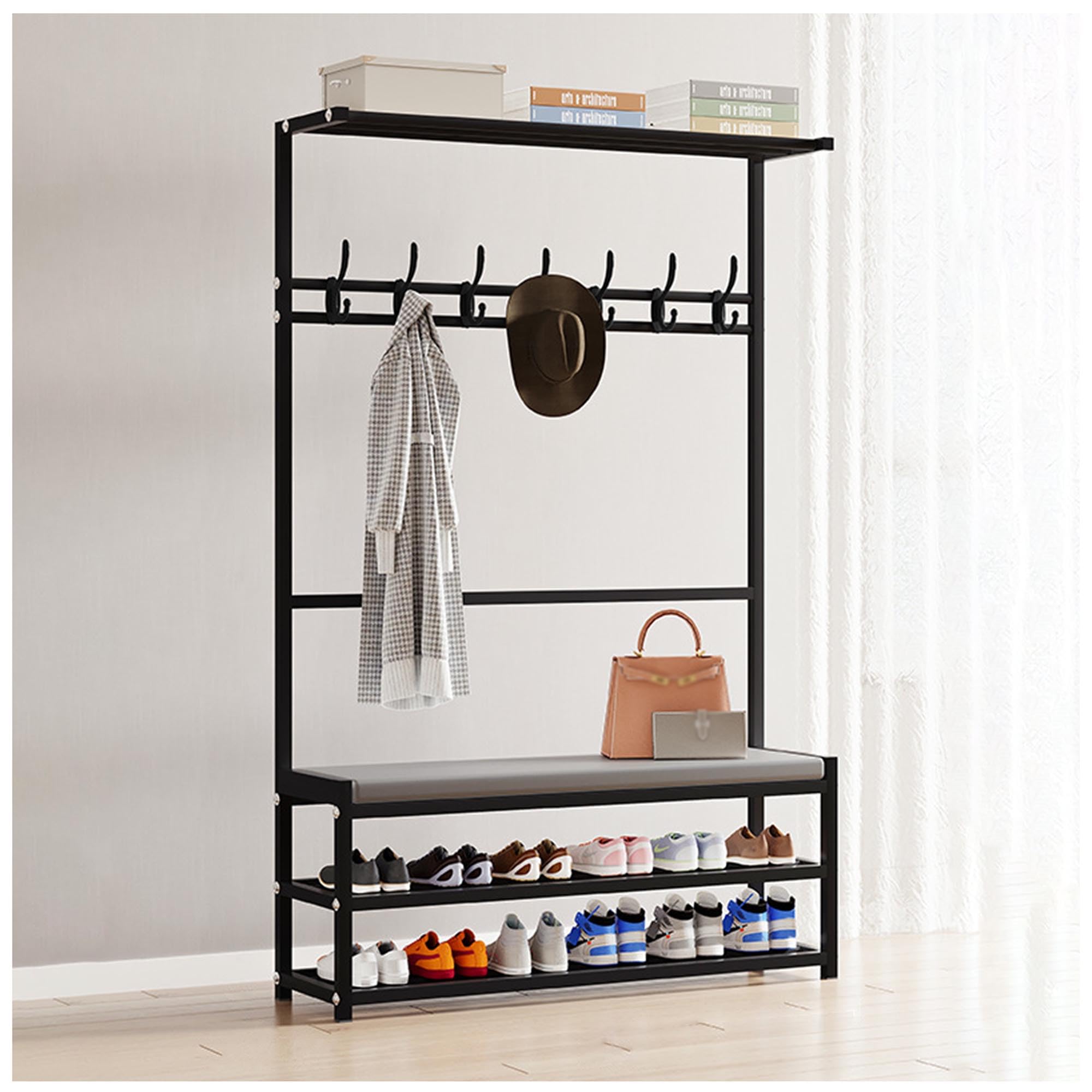MYUYEE Entryway Bench With Coat Rack, 4-In-1 Hall Tree With Soft Cushion Storage Bench, Shoe And Coat Rack Freestanding, Multifunctional Home Orga(Black-90X26X160Cm)