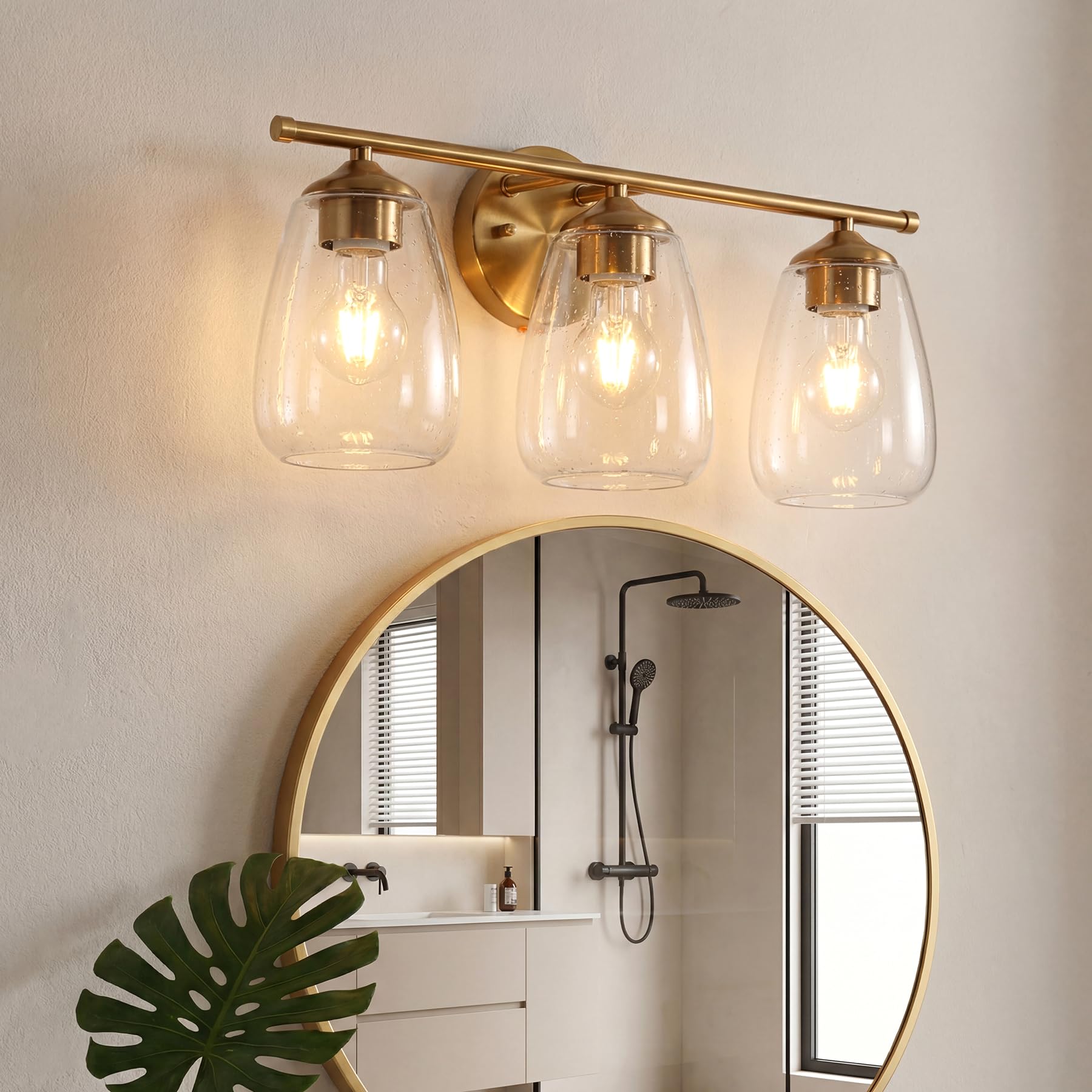 Applique Murale 3 Feux E27, Luminaire Miroir Salle de Bain en Métal Doré