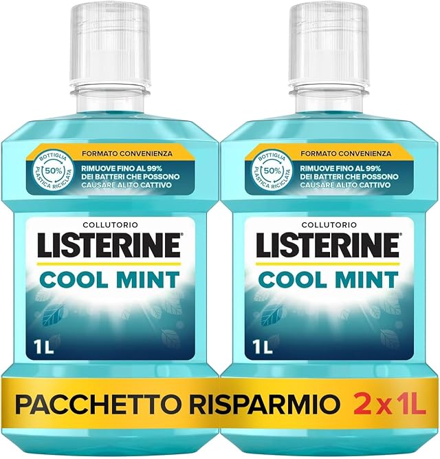 LISTERINE Cool Mint, Collutorio al gusto Menta, Con Fluoruro e Oli Essenziali Antibatterici, Collutorio LISTERINE per un alito fresco e un'igiene orale completa, 2 x 1 L – Esclusiva Amazon
