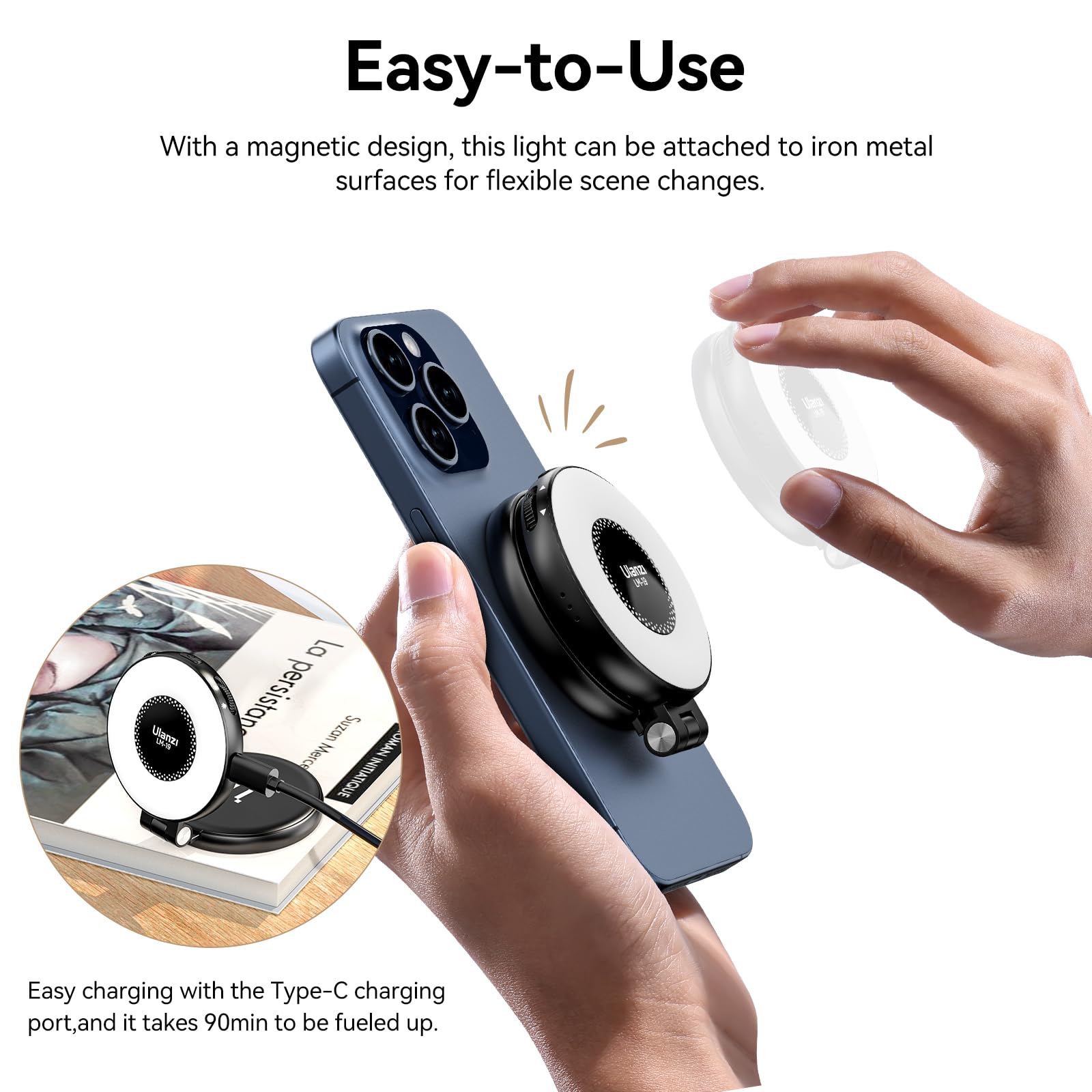 ULANZI LM19 Magnetisches Handy Ringlicht, Selfie Licht mit 3 Farbtemperaturen 2500k-8500k, Videoleuchte Wiederaufladbar für Live-Übertragung/Vlog, Kompatibel mit iPhone 17 16 15 14 13 12 Magsafe