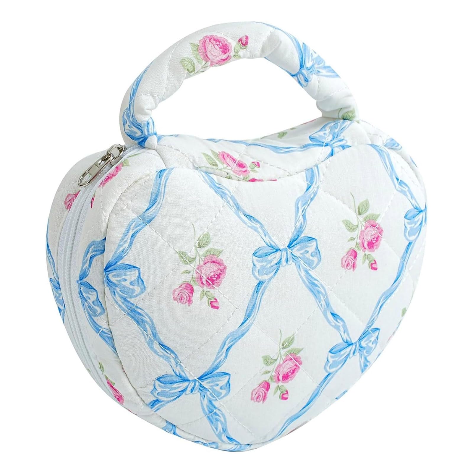 Kalttoy Blue Quilted Polyester Cosmetic Storage Pouches Heart Shape Cosmetic Bag For Daily Essential And Toiletries Quilted Polyester Toiletry Pouches