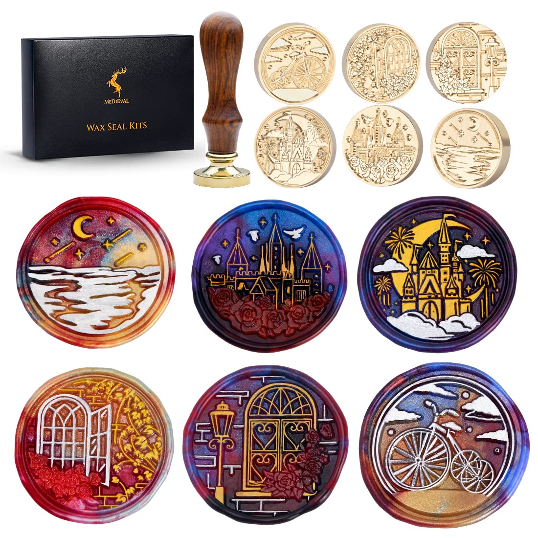 Wax Seal Stamp Kits, 6 pcs Wax Stamp Metal Head & 1 Wooden Handle, 6 Designs （Flower Castle/Moon Castle/Flower Window/Rose Window/Cloud & Bicycle/Star River)