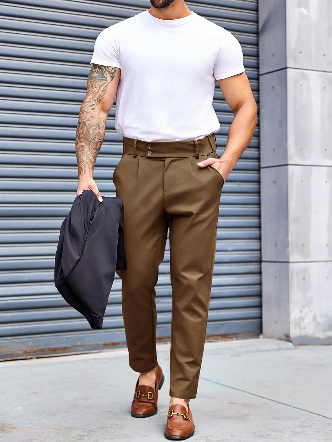 PASLTER Mens Chino Pants Slim Fit Flat Front Stretch Skinny Tapered Dress Pants Casual Trousers Brown - Image 4