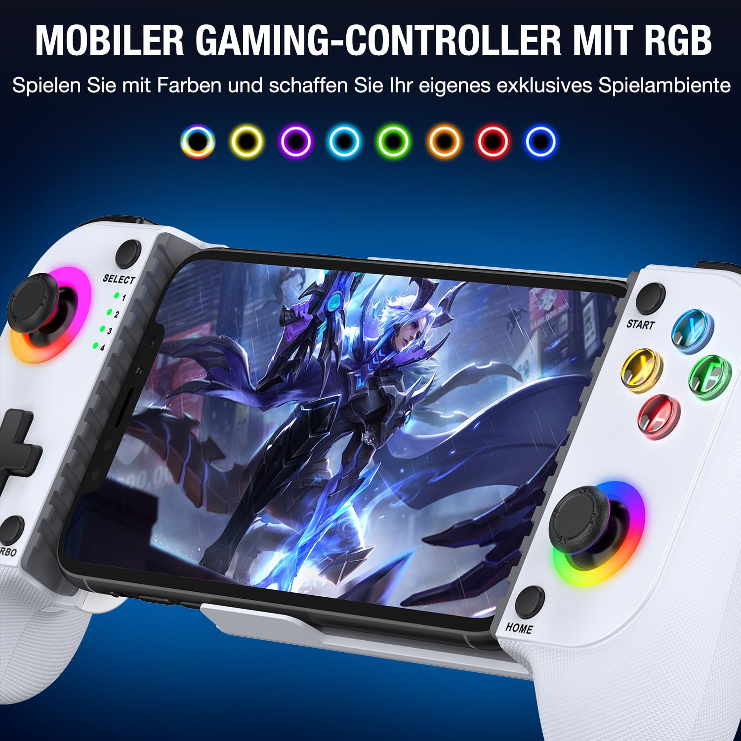 Elegamefy Controller cellulare per iPhone/Android, smartphone controller con joystick aggiornato senza zone morte, coloful luce mobile gaming controller per cellulare supporto cellulare