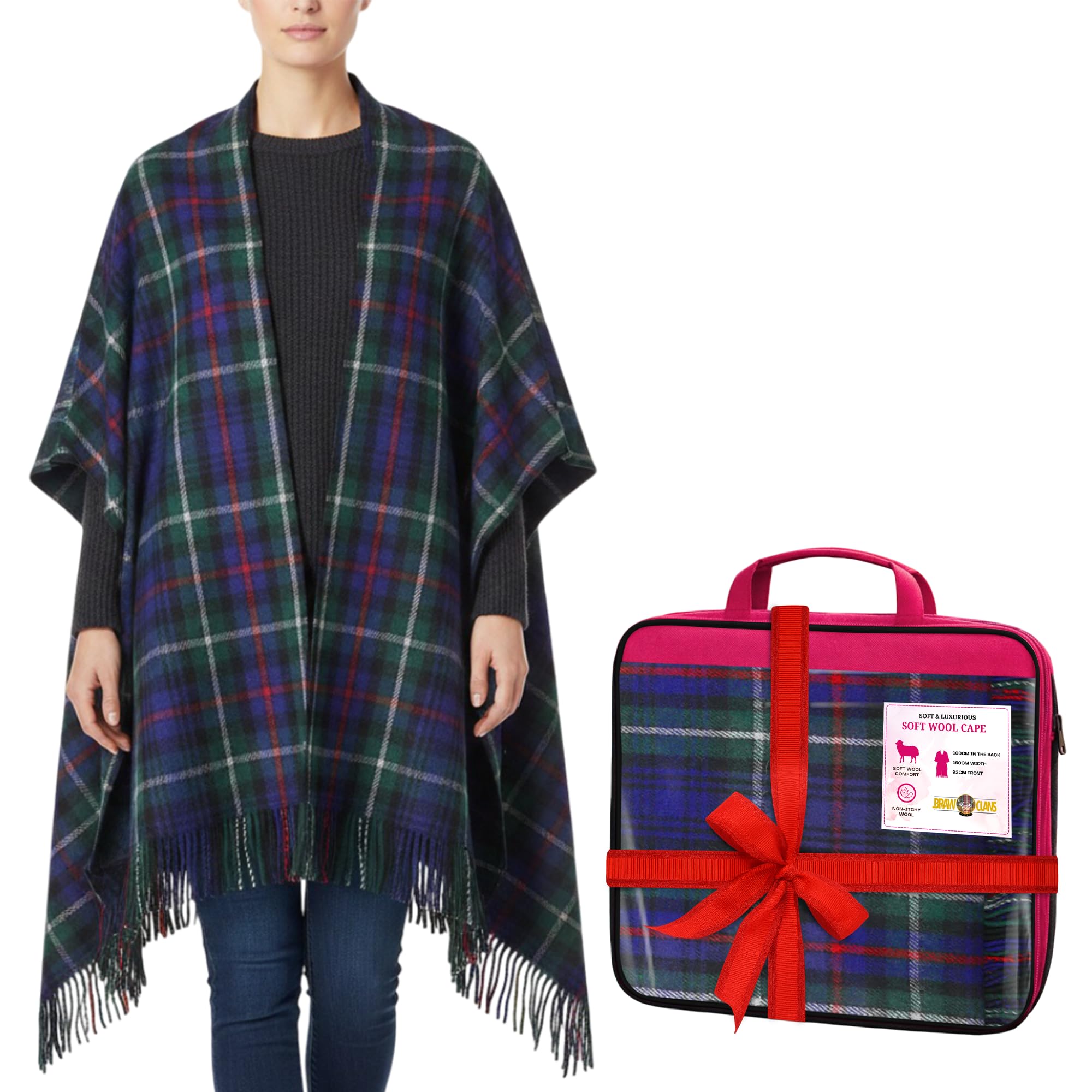 Braw Clans Tartans Women's Mackenzie Soft Wool Tartan Poncho Blanket Cape Made In Scotland - Ruana Cloak Style - Full Body Shawl - Mothers Day Gift - Home, Travel, Camping - Tartan