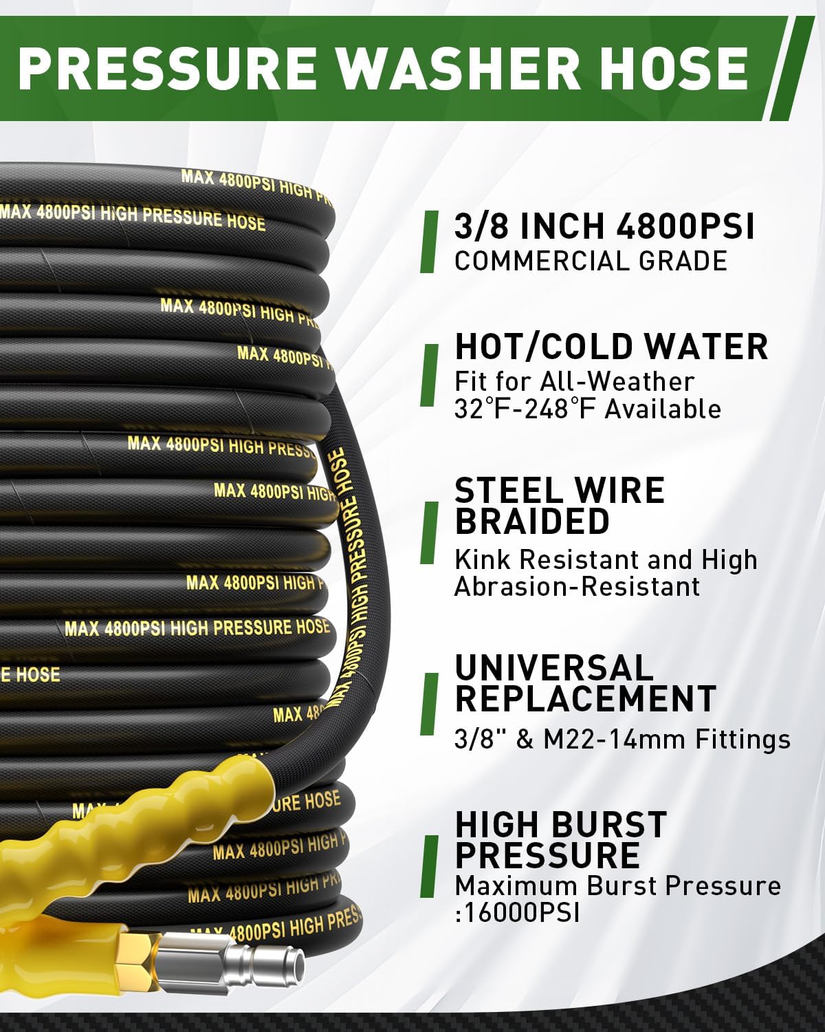 4800PSI 3/8" Pressure Washer Hose 50FT for Cold and Hot Water 248°F, Kink Resistant Grade Steel Wire Braided Power Washer Hose, Swivel Quick Connect with 2PCS M22-14mm Adapter