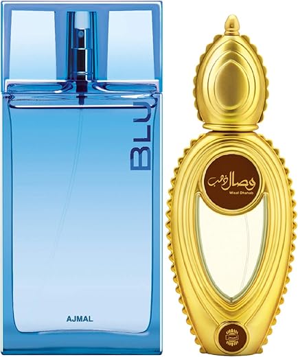 Ajmal Blu EDP Aquatic Woody Perfume 90ml for Men and Wisal Dhahab EDP Fruity Floral Perfume 50ml for Men FREE