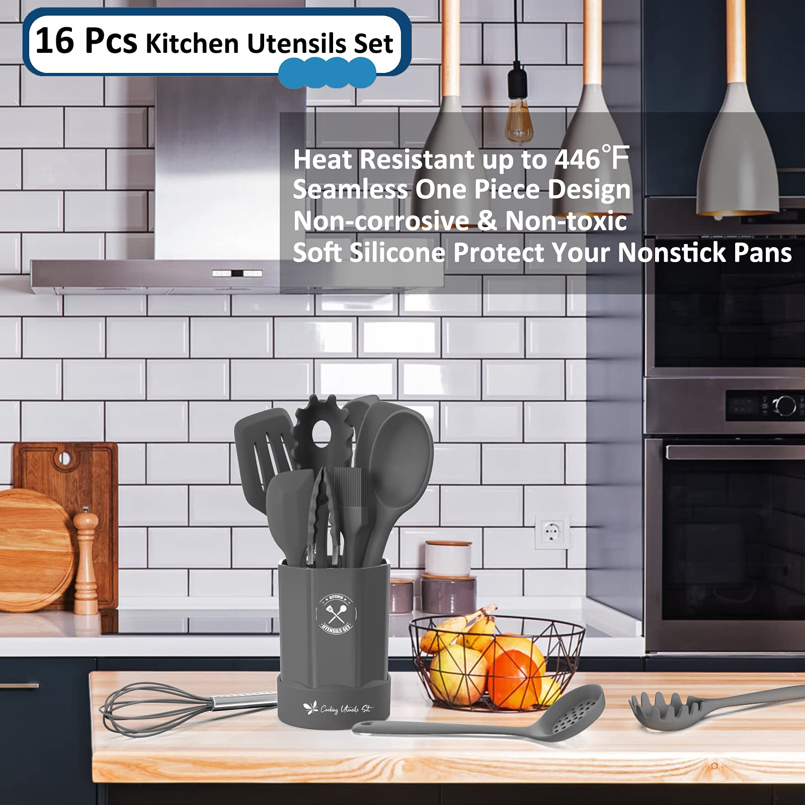 Deedro, set di utensili da cucina in silicone, 16 pezzi, resistenti al calore, con supporto, spatola antiaderente, gadget da cucina per cucinare e cuocere, grigio