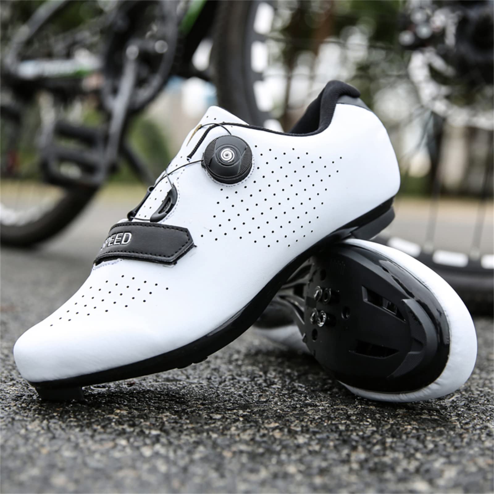 Męskie buty szosowe, kolarskie, sneakersy MTB Clits Route Cleat Dirt Bike Speed Flat Racing damskie SPD pedały kolarstwo górskie, biały., 36 EU
