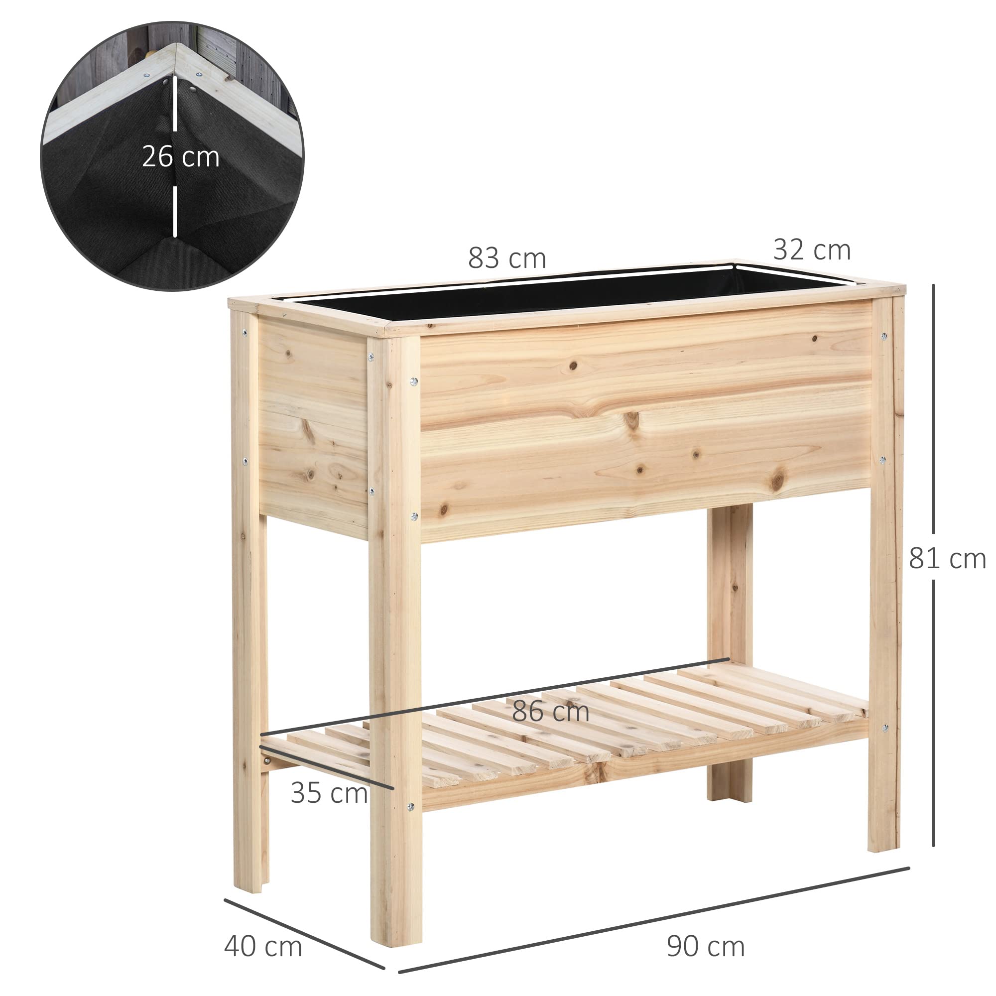 Outsunny Huerto Urbano Elevado con Estante Mesa Jardinera de Cultivo de Madera con Tela no Tejida para Cultivos Plantas Flores Jardín 90x40x81 cm Natural