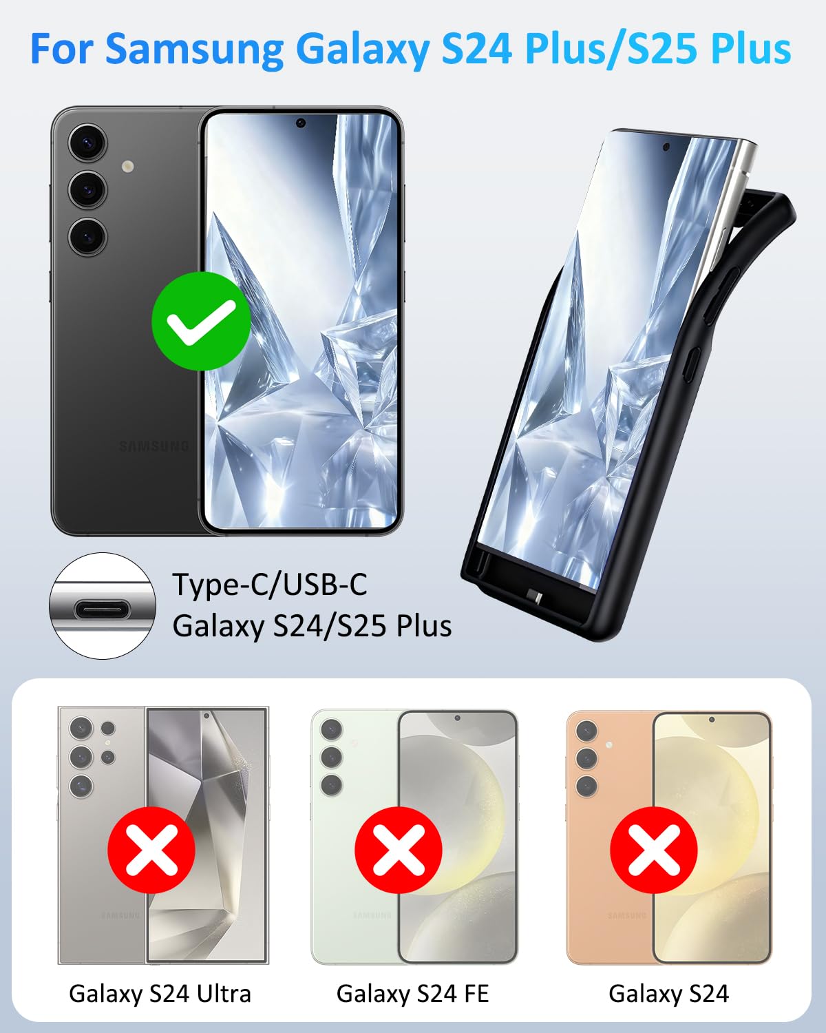 Custodia per Samsung Galaxy S25 Plus/S24 Plus (15.000 mAh), caricatore portatile GAN-Tech ricaricabile, custodia protettiva per batteria esterna per Galaxy S25 Plus/S24 Plus
