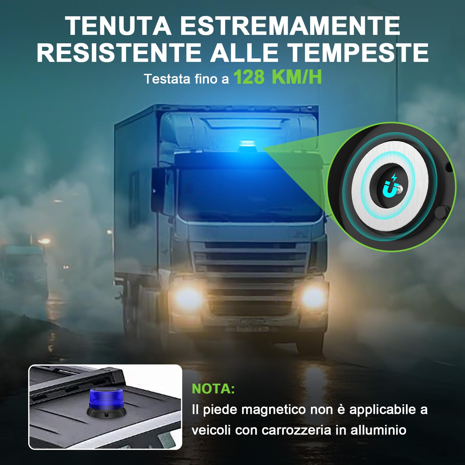Lampeggiante Blu a 90 LED con Magnete | Ricaricabile | 2 Modalità | Luce di Avvertimento per Camion, Veicoli da Costruzione, Trattori, Rimorchi, Spazzaneve