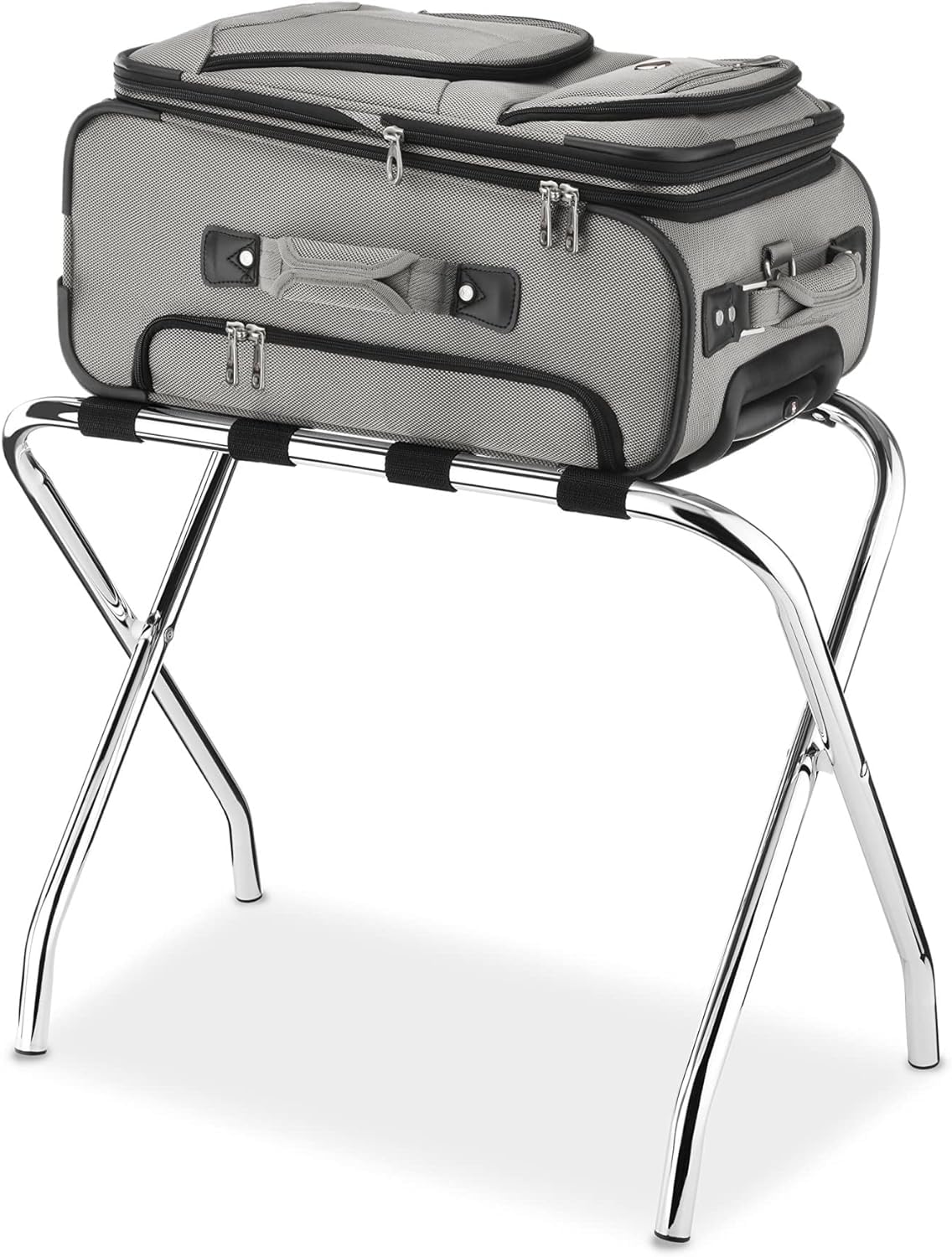 Portaequipajes Plegable de Metal para habitación de Invitados, Resistente Soporte para Maletas con Correas de Nailon, para Uso en hoteles y hogares, Acabado Plateado, solución de almacenamie