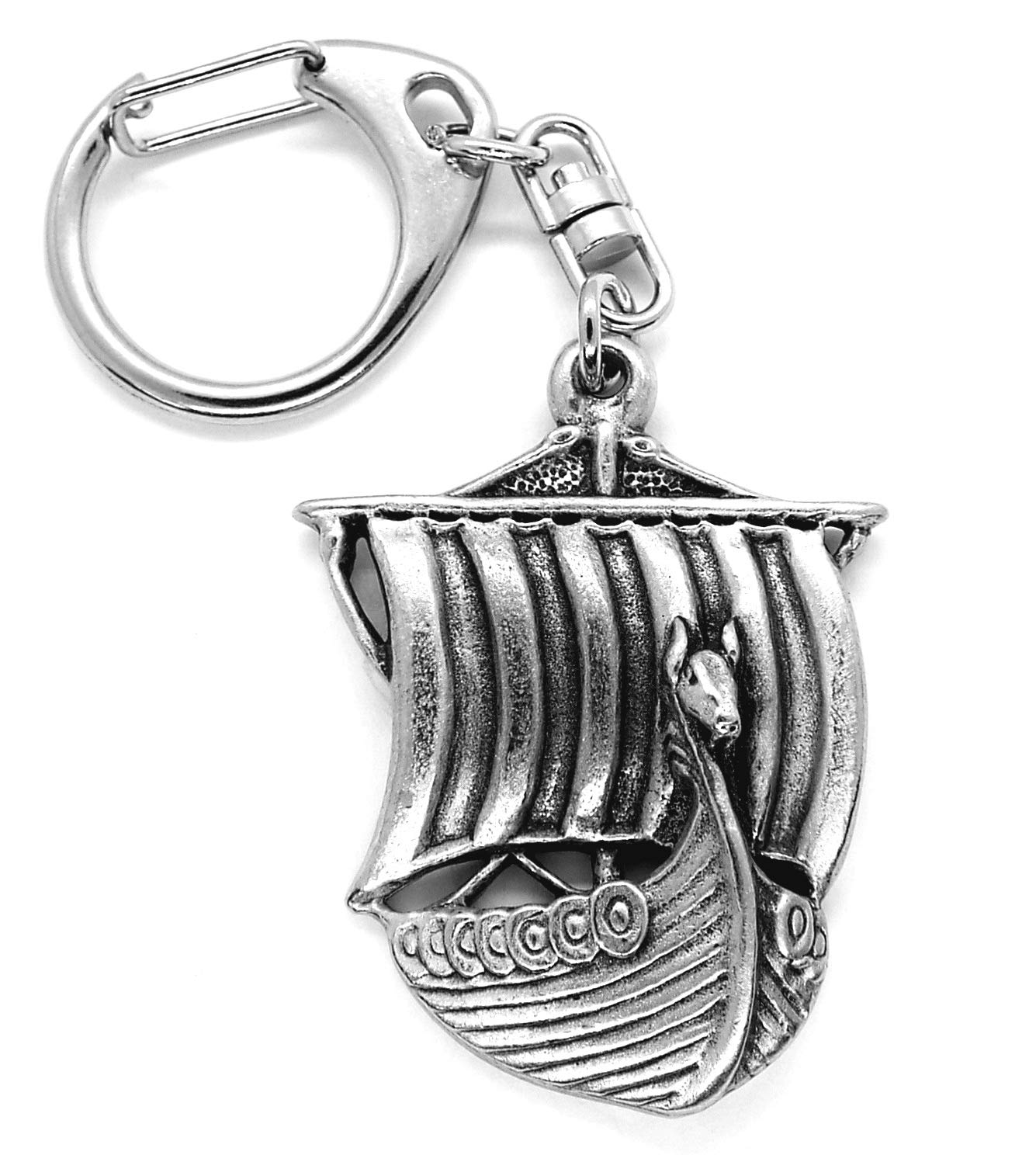 Large Viking Pewter Dragon Head Long Ship Boat Push Gate Keyring with Grey Burlap Pouch